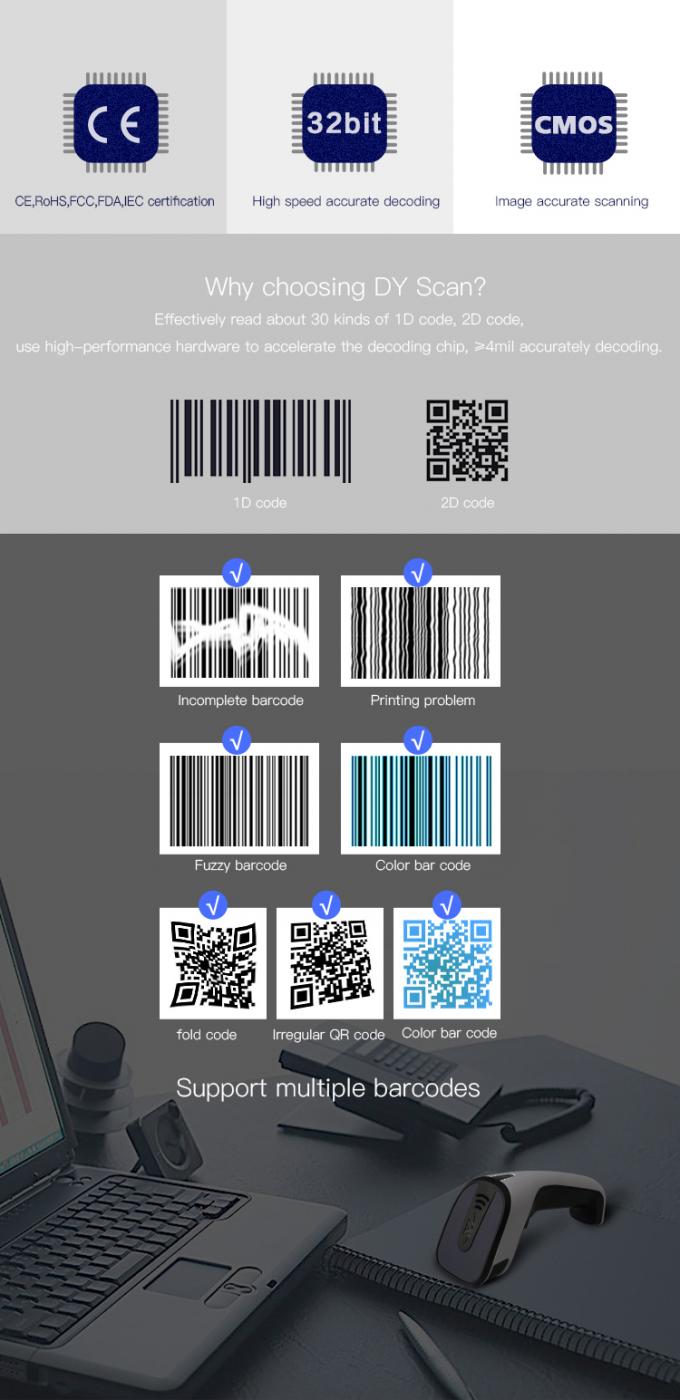 Scanner tenu dans la main sans fil Bluetooth 2.4G 3 de code barres 1D dans 1 capacité de la batterie 1600mAh